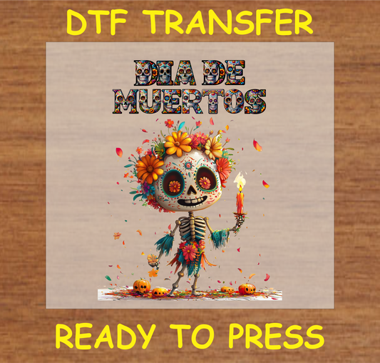 "Día de Muertos DTF Transfer featuring a skeleton with vibrant flowers holding a candle"