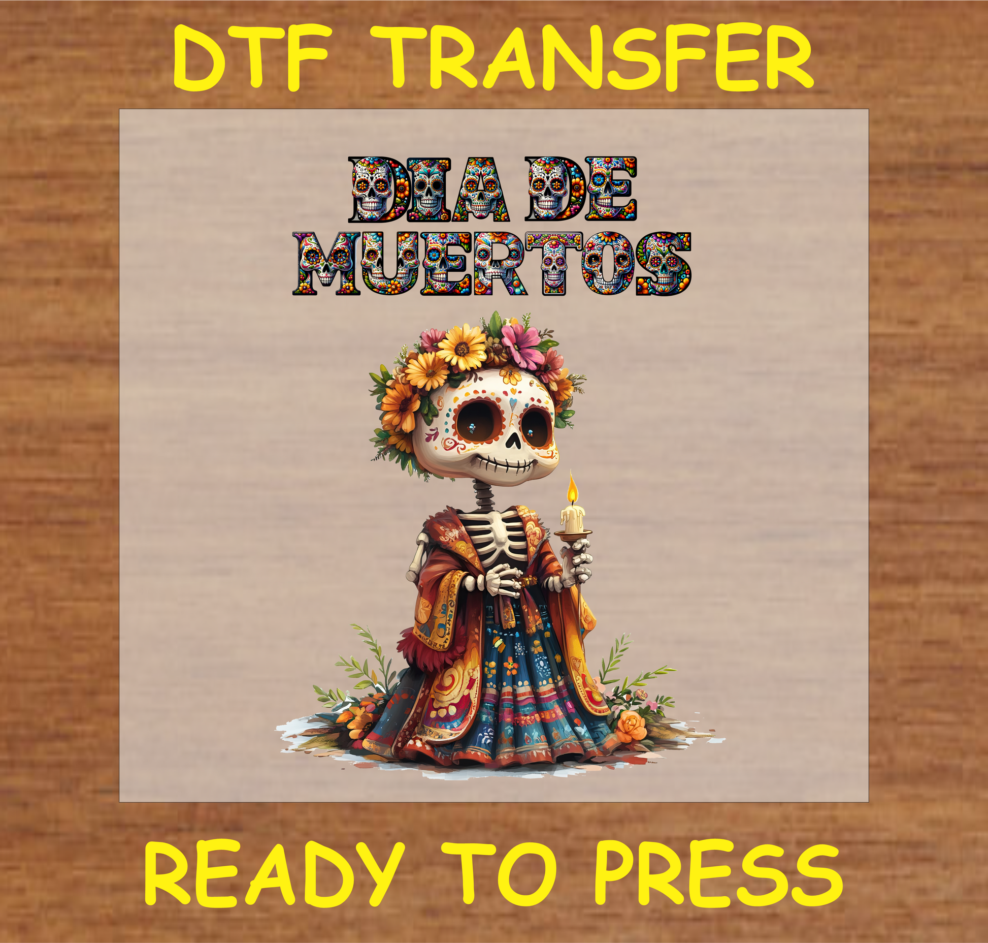 "Día de Muertos DTF Transfer featuring a skeleton with a floral crown holding a candle"