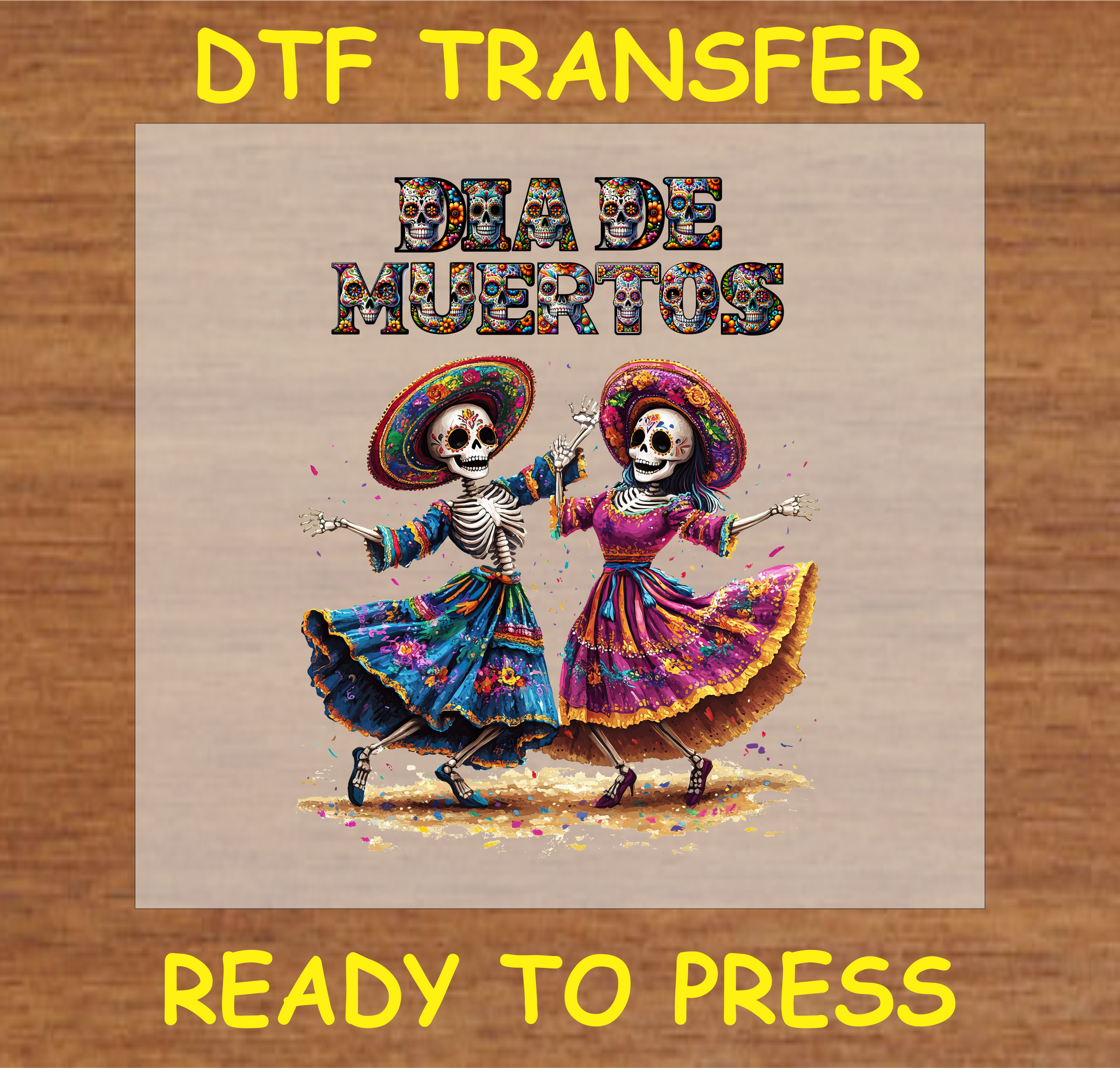 Día de Muertos DTF Transfer with two skeleton dancers in colorful dresses