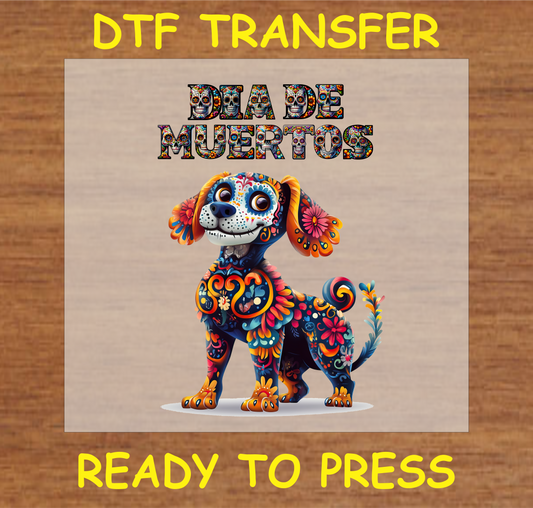 "Día de Muertos DTF Transfer featuring a colorful sugar skull dog with intricate floral designs"