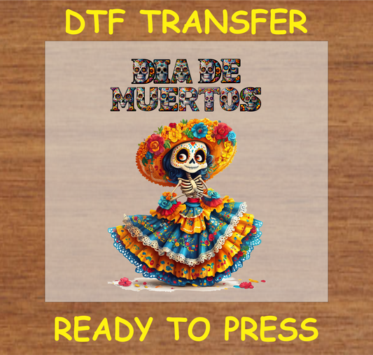 "Día de Muertos DTF Transfer featuring a dancing skeleton in a colorful traditional Mexican dress"