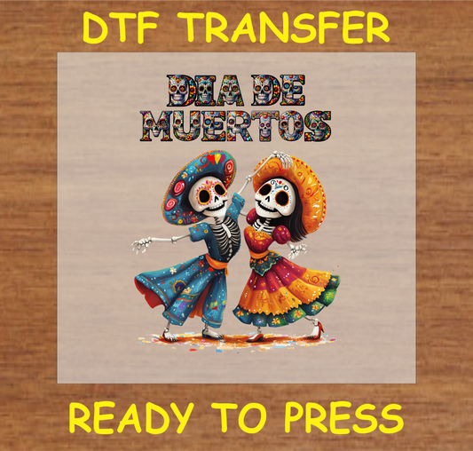 "Día de Muertos DTF Transfer featuring a dancing skeleton couple in traditional colorful clothing"