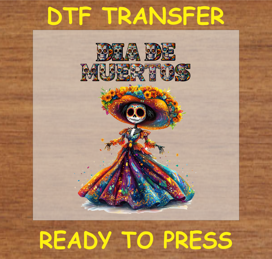 "Día de Muertos DTF Transfer with a vibrant skeleton in a floral gown, ready to press"