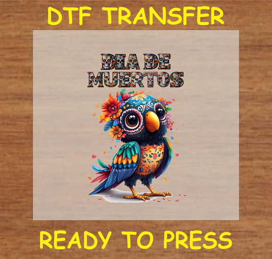 "Día de Muertos DTF Transfer with a colorful parrot and floral accents"