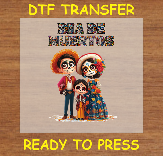 "Día de Muertos DTF Transfer featuring a festive family dressed in traditional attire"