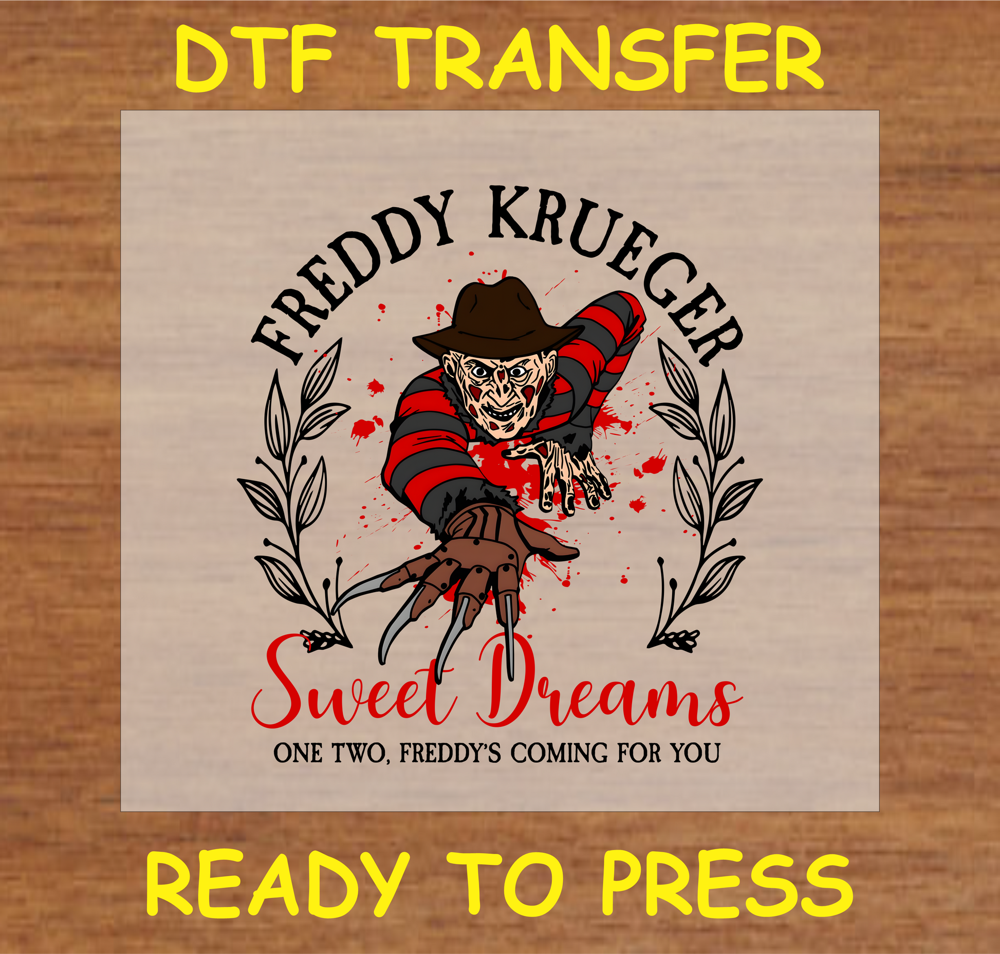 "Sweet Dreams' DTF transfer featuring the iconic horror character for custom apparel"