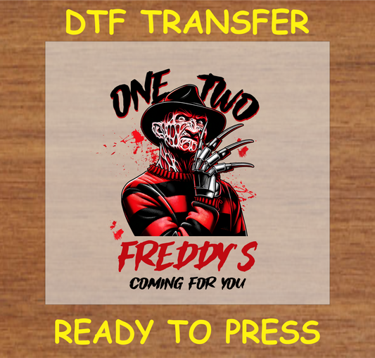 "Halloween DTF transfer with the text 'One, Two, He's Coming for You,' ready to press for Halloween or horror projects"