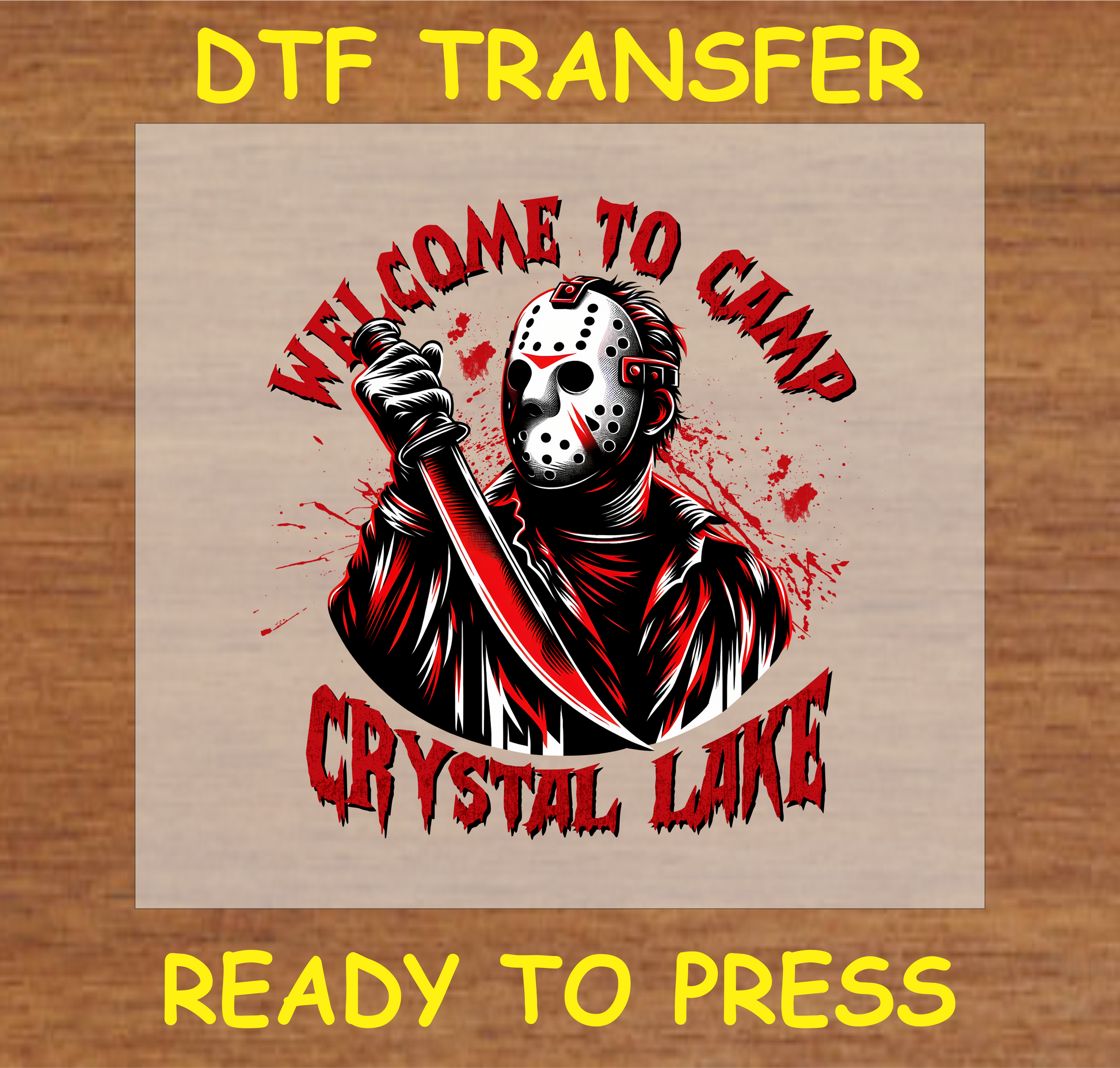 DTF transfer with a horror icon holding a machete, ready to press for Halloween or horror projects"