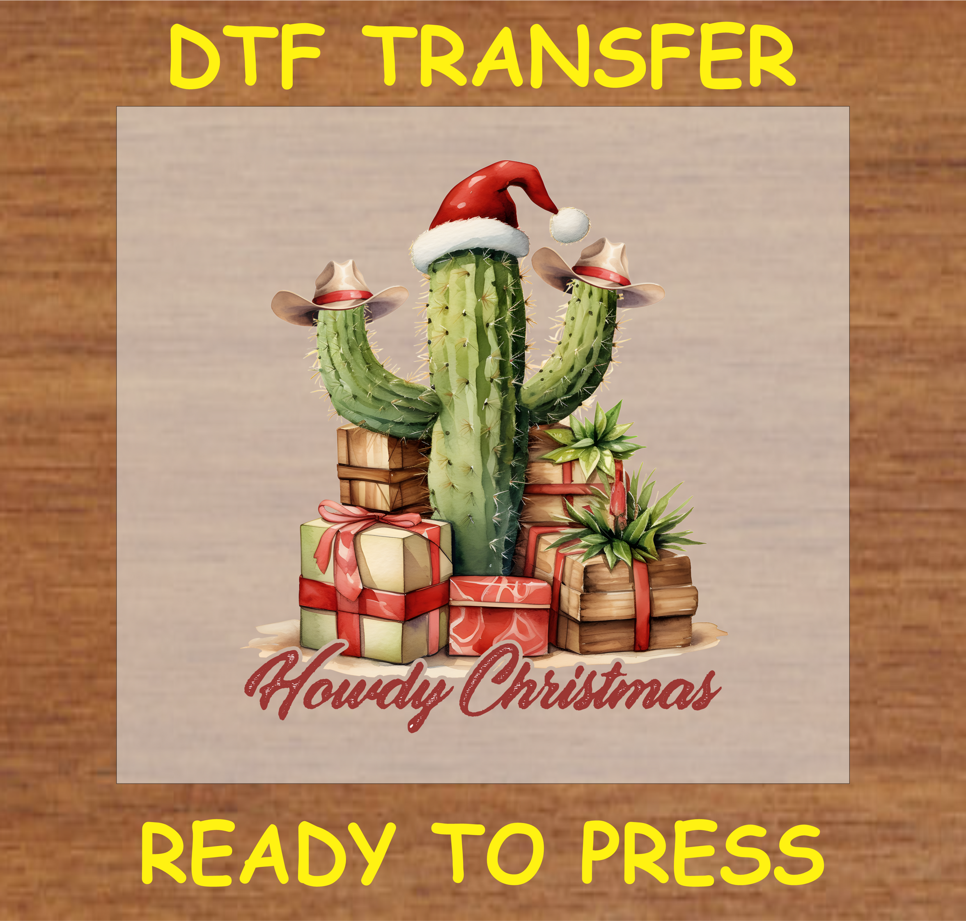 "Howdy Christmas DTF transfer with cactus, Santa hat, and cowboy hats for custom Western Christmas projects"