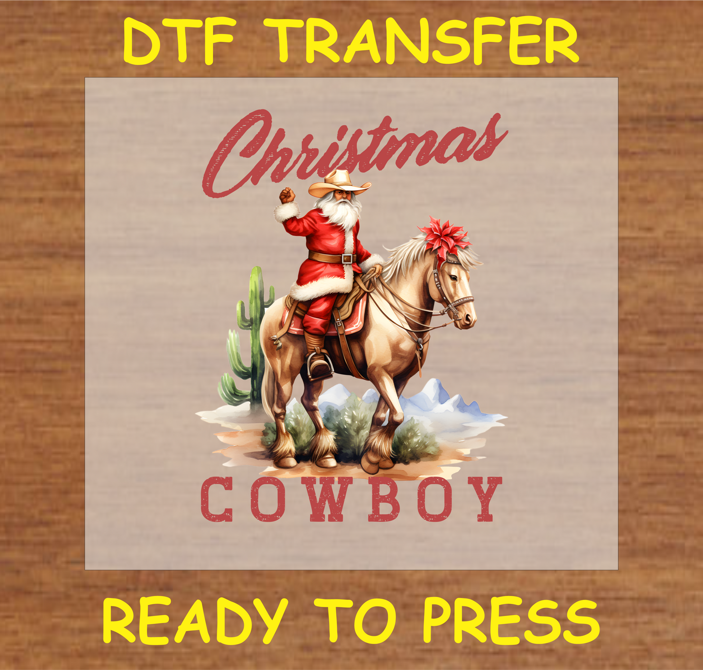 "Christmas Cowboy DTF transfer featuring Santa Claus riding a horse in a Western holiday design"