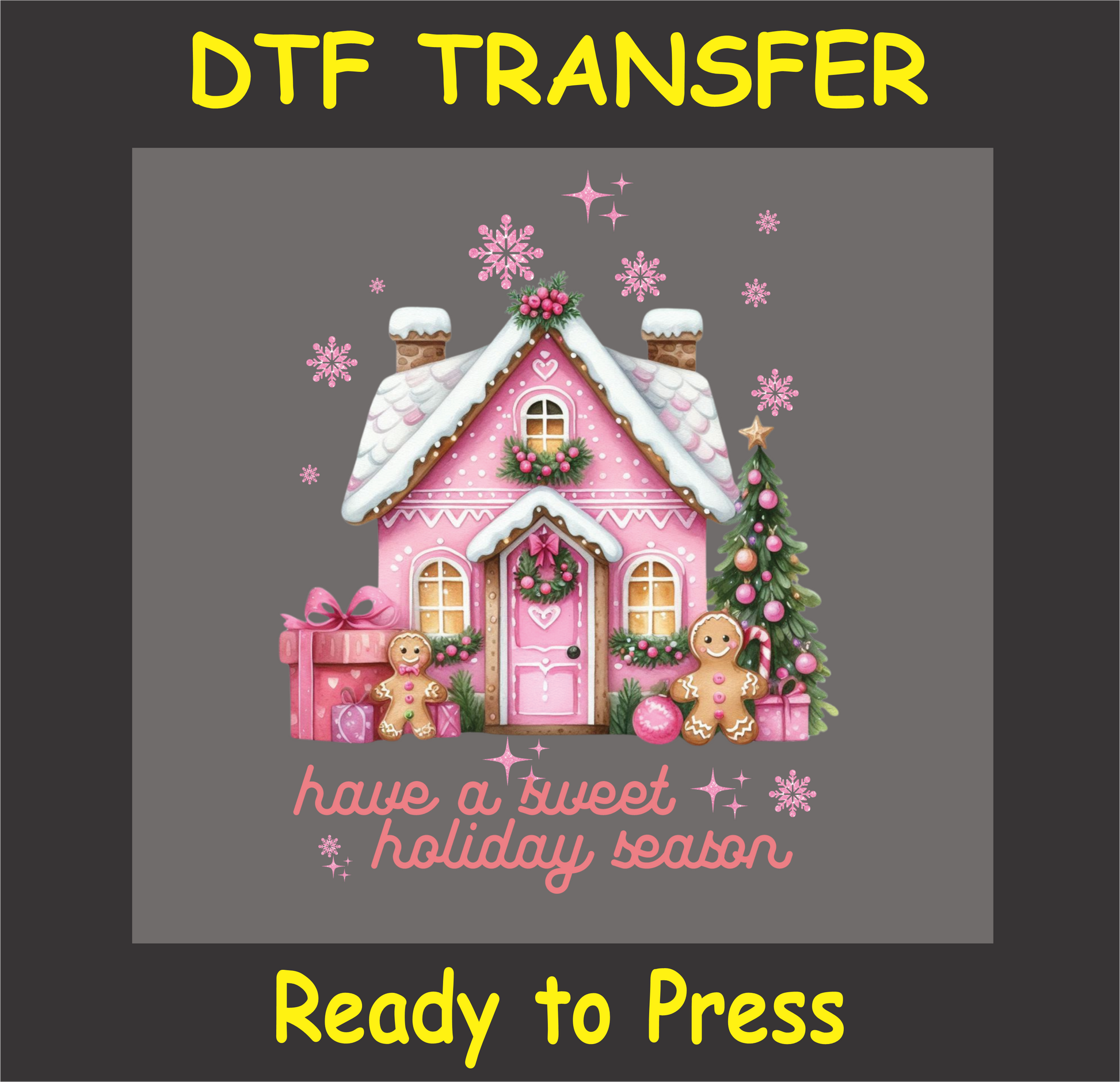 "Sweet pink gingerbread house DTF transfer with holiday decorations and gingerbread figures for Christmas projects"