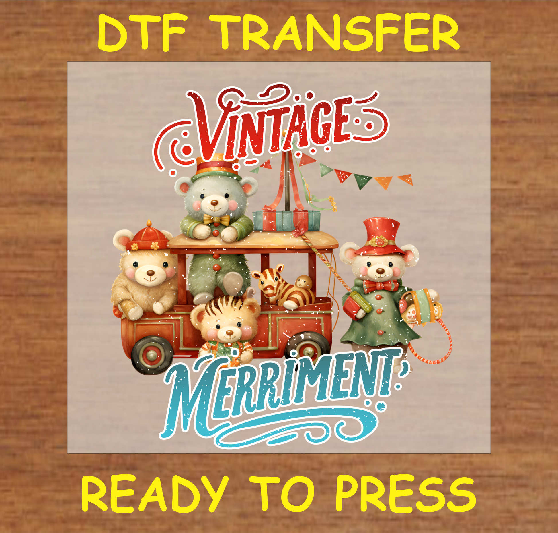 "Vintage-inspired bears Christmas DTF transfer with holiday decorations for festive custom projects"