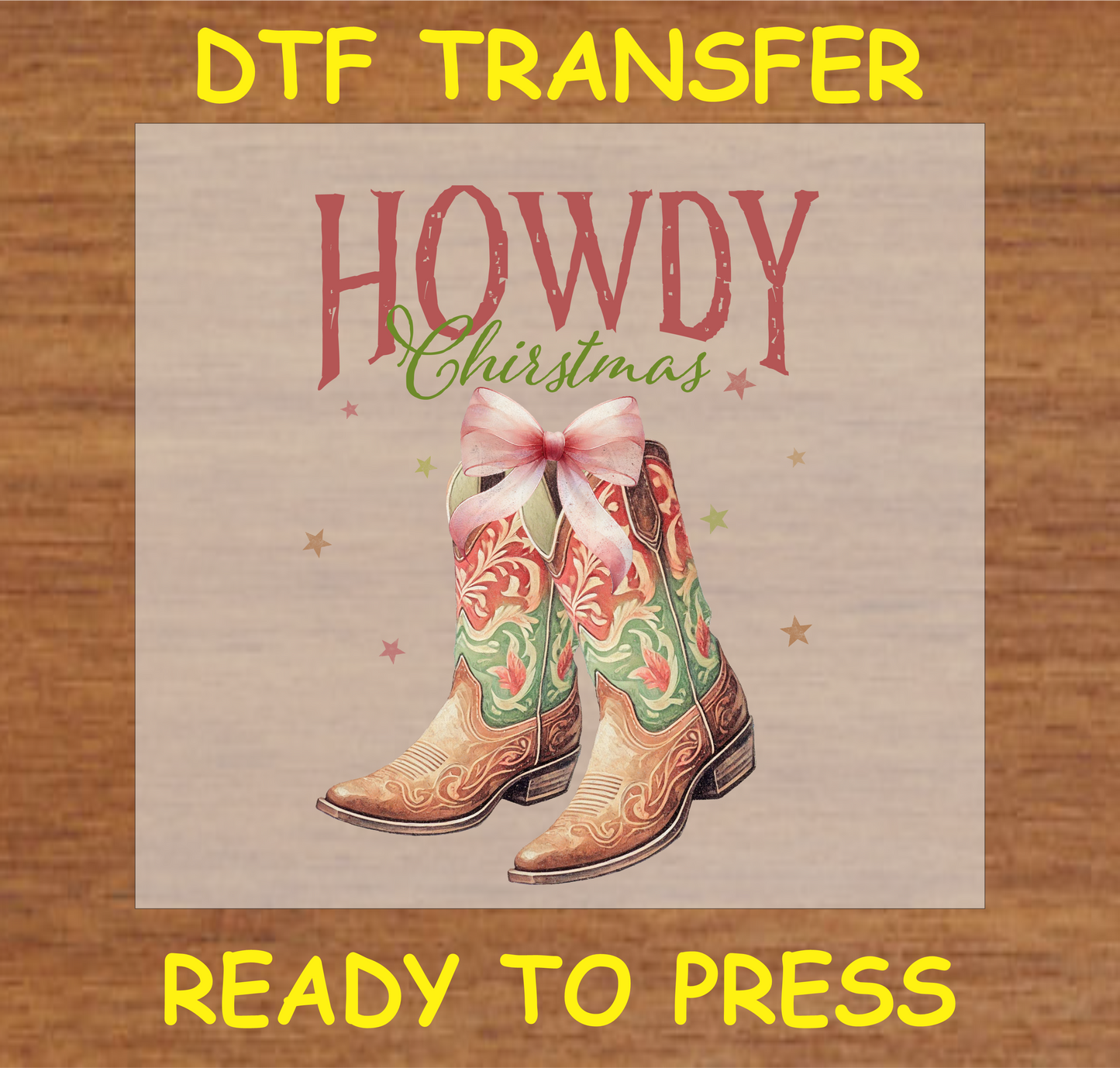 "Howdy Christmas DTF Transfer featuring cowboy boots with a festive bow and Christmas accents"