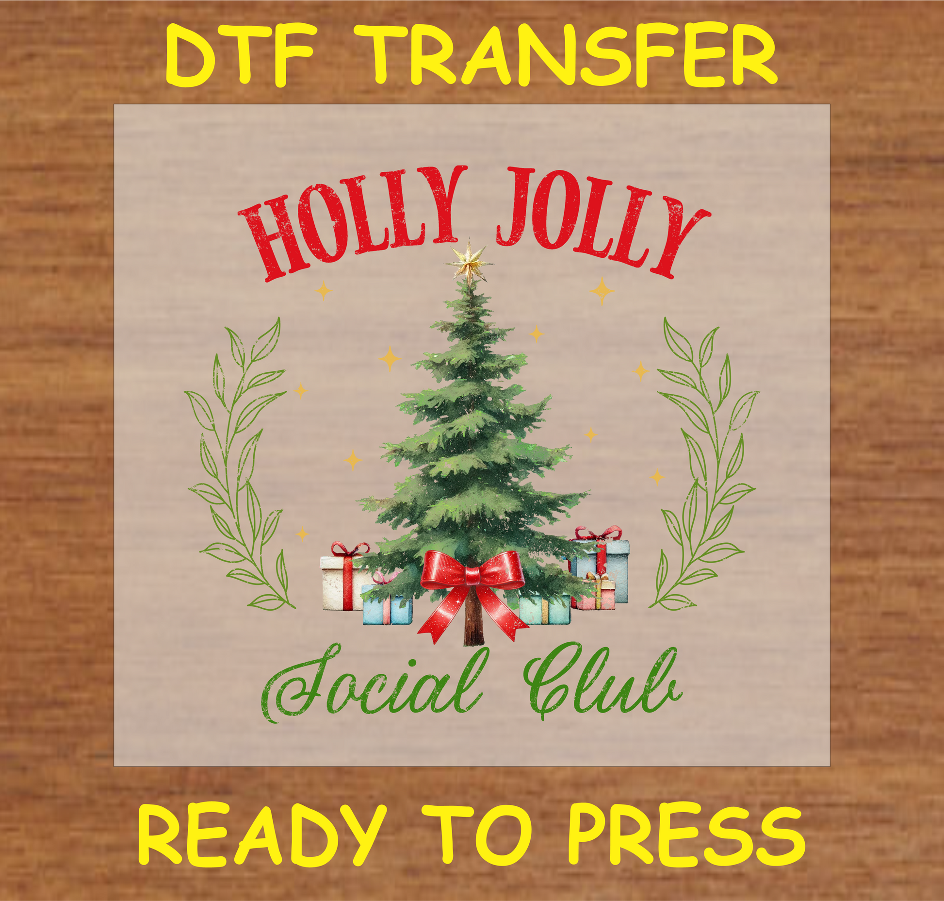 "Holly Jolly Social Club DTF Transfer featuring a Christmas tree, presents, and festive decorations"