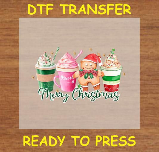 "Merry Christmas DTF Transfer featuring festive coffee cups and a gingerbread man for holiday projects"