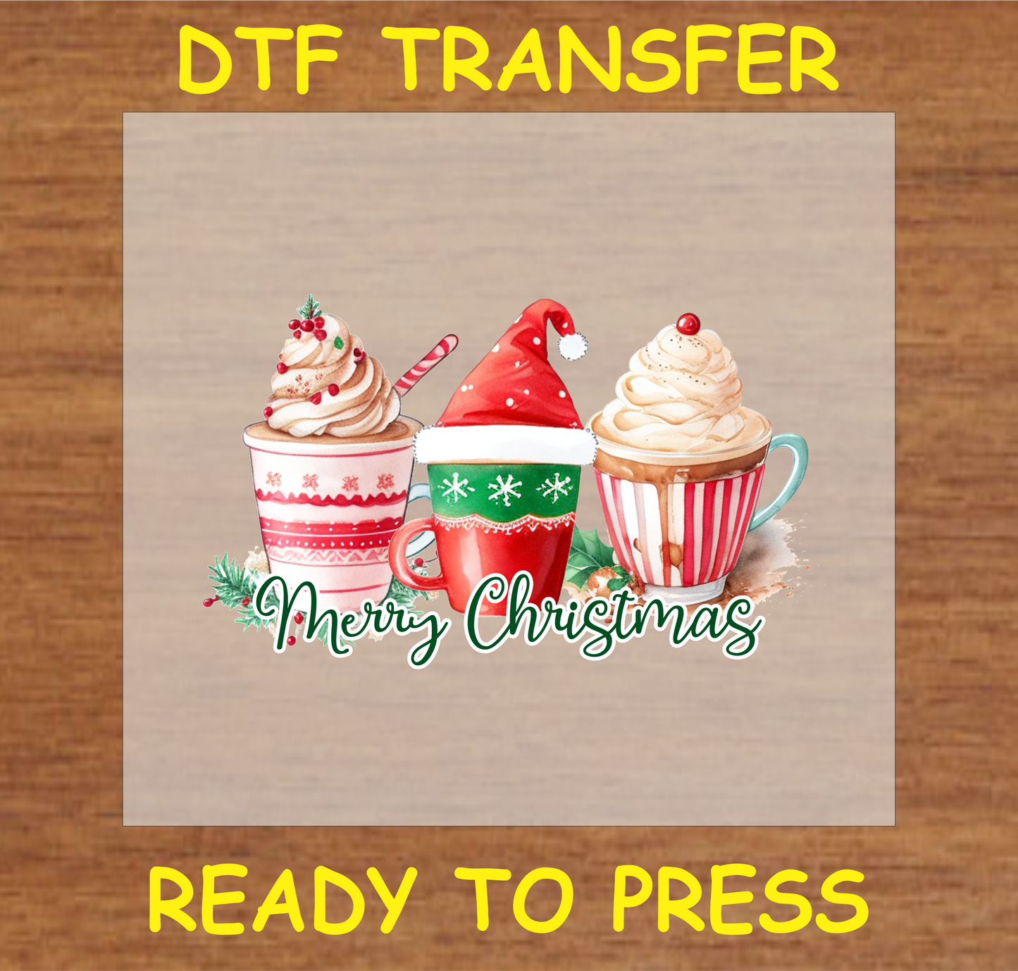 "Merry Christmas DTF Transfer featuring three festive holiday coffee cups for custom Christmas projects"