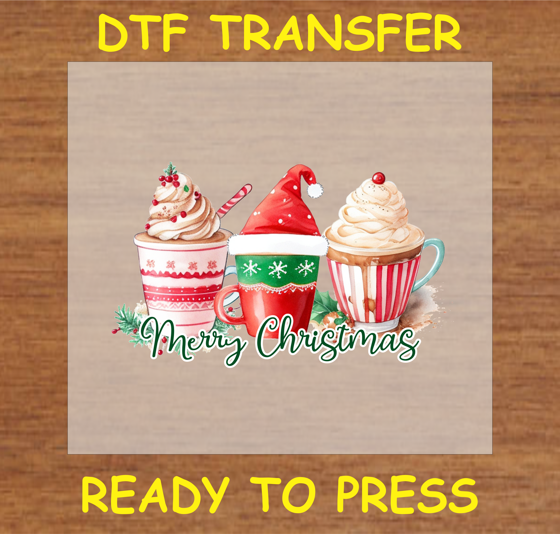 "Merry Christmas DTF Transfer featuring three festive holiday coffee cups for custom Christmas projects"