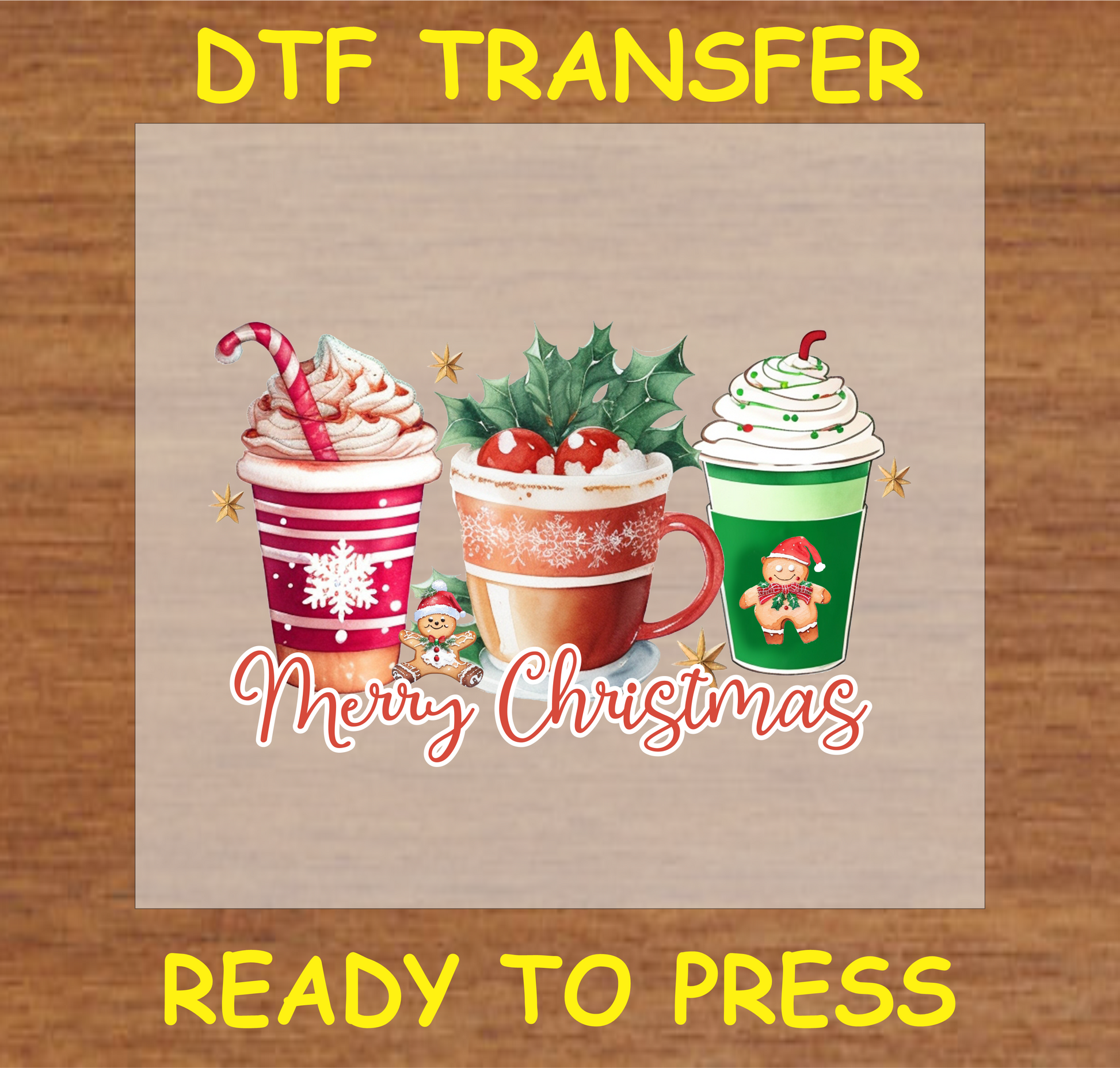 "Merry Christmas DTF Transfer featuring three festive hot drinks for custom holiday designs"