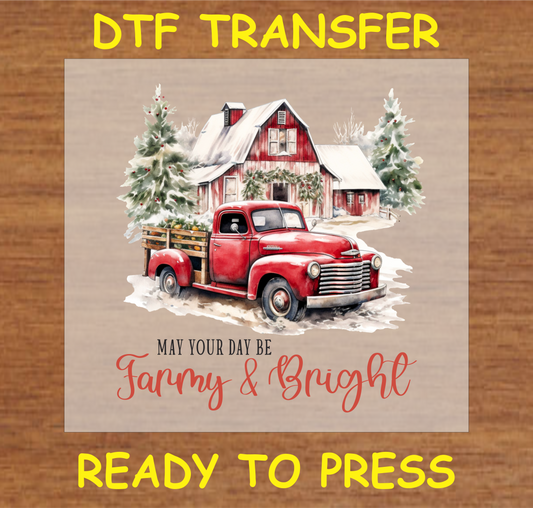 "Farmy & Bright DTF Transfer featuring a rustic barn and red truck Christmas design for custom holiday projects"