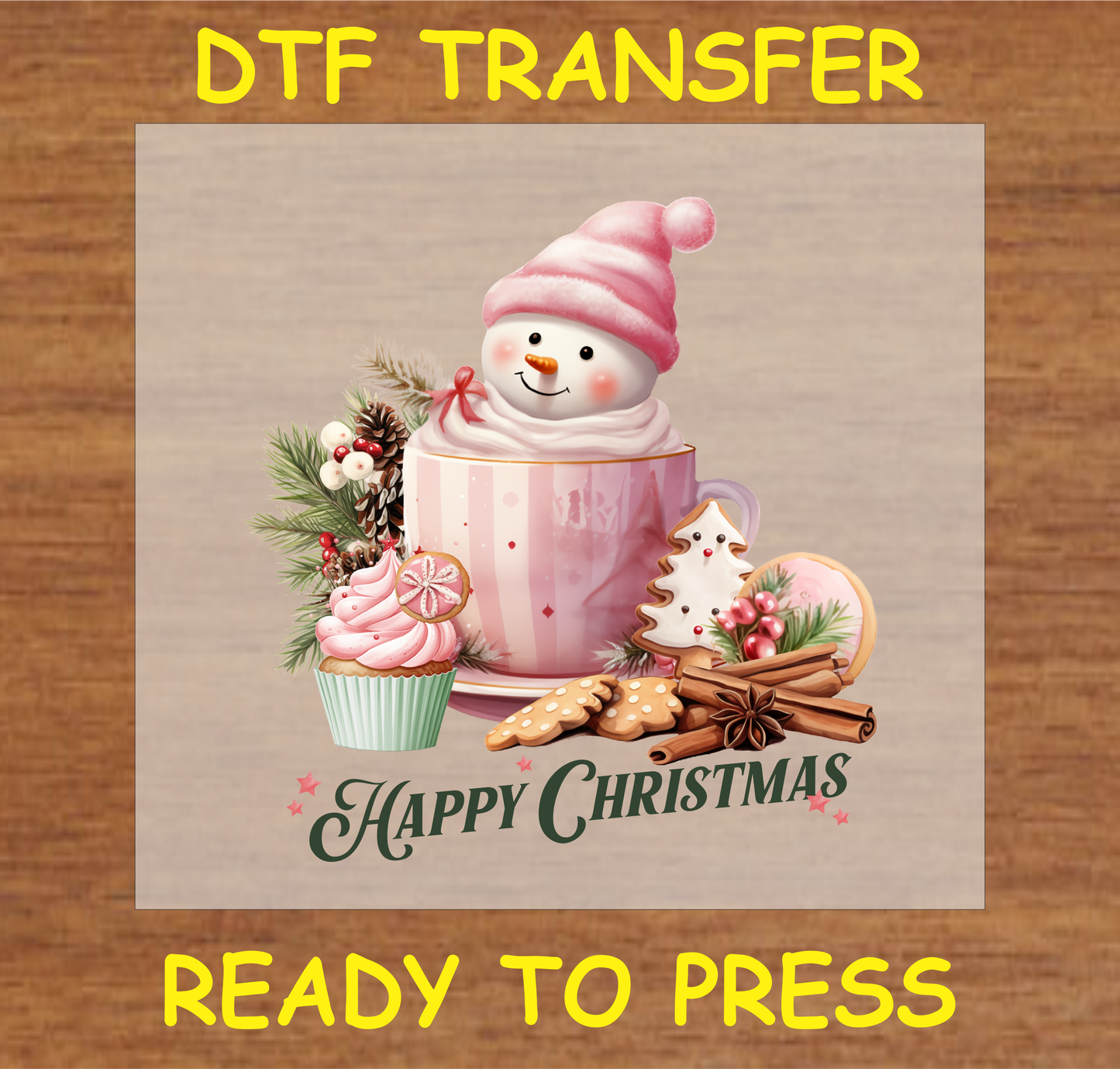 "Happy Christmas DTF Transfer featuring a snowman in a cup with holiday treats"