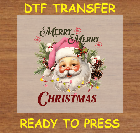 "Merry Merry Christmas DTF Transfer featuring a vintage Santa with holiday elements"