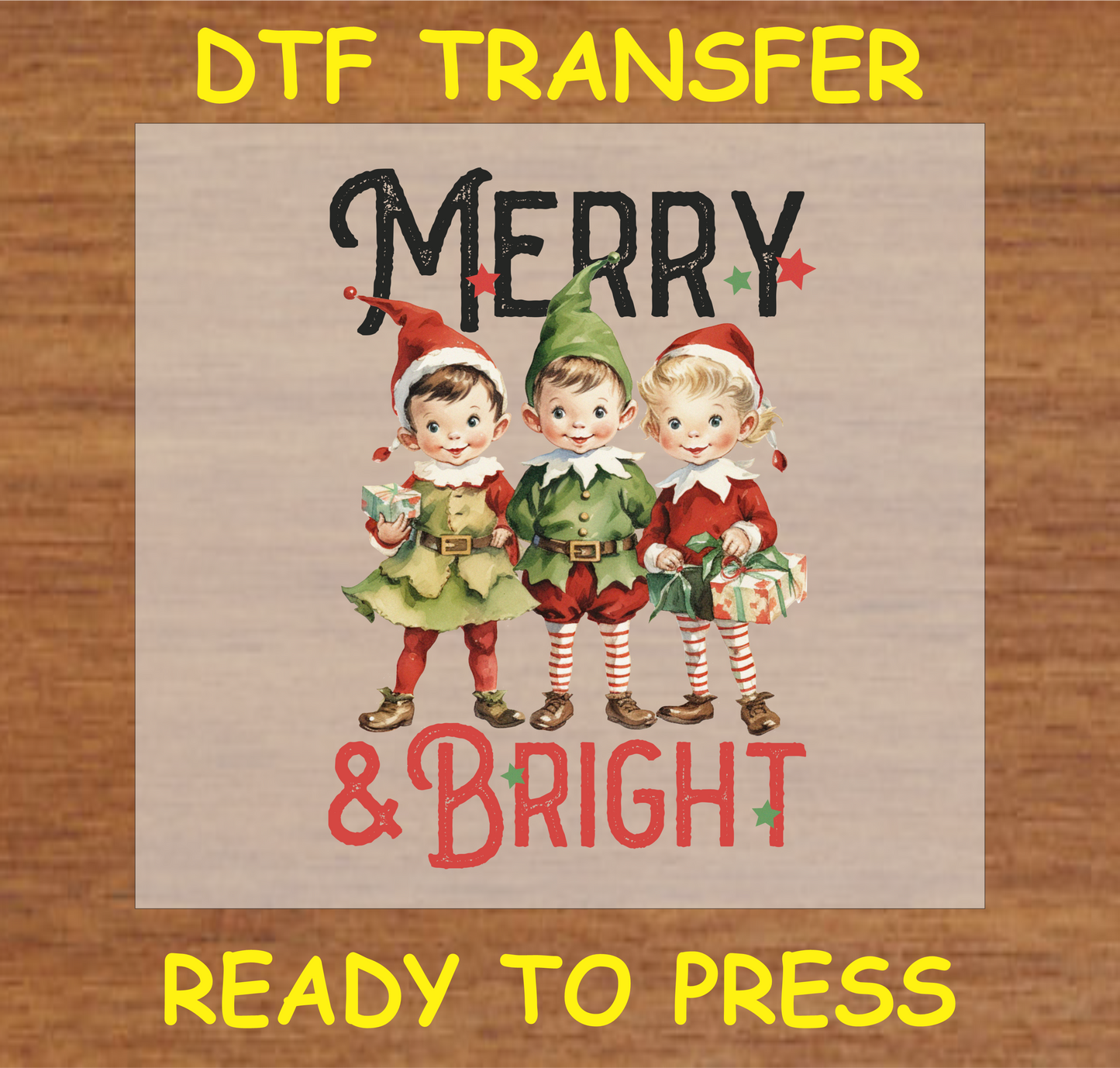 "Merry & Bright DTF transfer with vintage Christmas elves for holiday custom fabric projects"