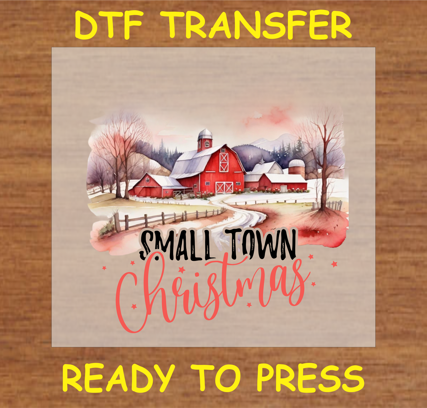 Small Town Christmas DTF Transfer with red barn and snowy holiday scene