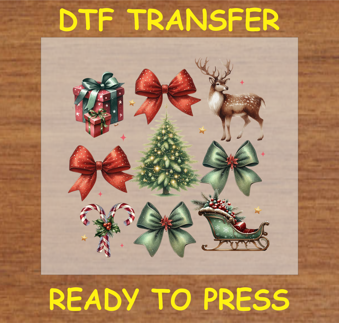 "Christmas Elements DTF Transfer featuring holiday gifts, bows, Christmas tree, reindeer, and sleigh"