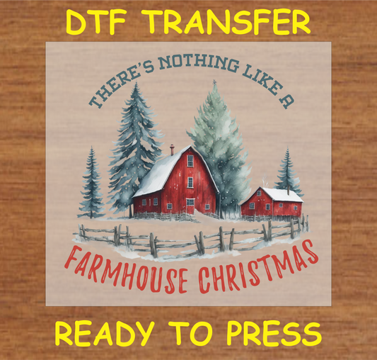 "Farmhouse Christmas DTF Transfer featuring a rustic red barn and snow-covered trees for a festive holiday look"