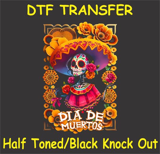 "Día de Muertos Catrina DTF Transfer featuring a half-toned design with vibrant flowers and traditional face paint"