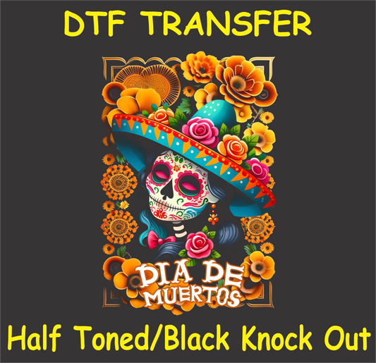 "Día de Muertos Catrina DTF Transfer featuring a vibrant Catrina with colorful flowers and traditional face paint"