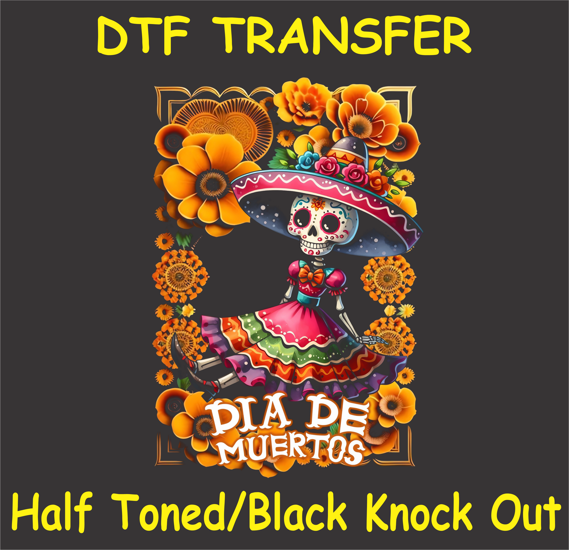 "Día de Muertos Catrina DTF Transfer with vibrant traditional dress and floral accents"