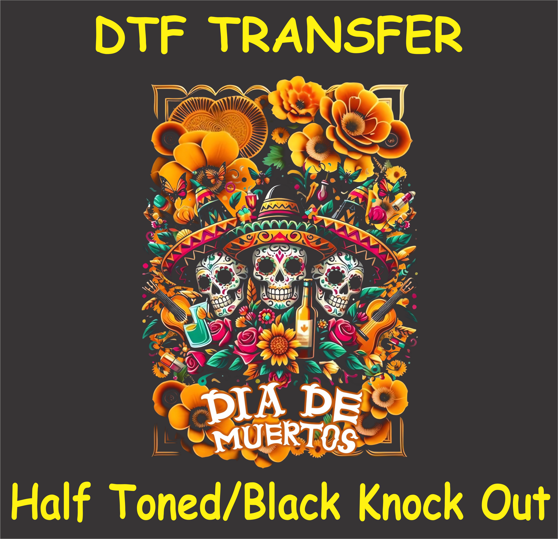 "Día de Muertos Trio DTF Transfer with colorful skulls, marigolds, and Mexican traditional elements"