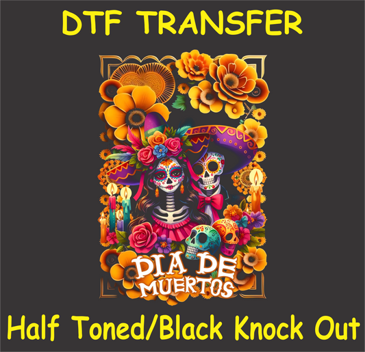 "Día de Muertos Couple DTF Transfer featuring a vibrant sugar skull couple surrounded by marigolds and candles"