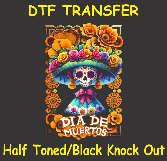 "Día de Muertos Girl DTF Transfer featuring a sugar skull girl with a floral headdress and marigolds"