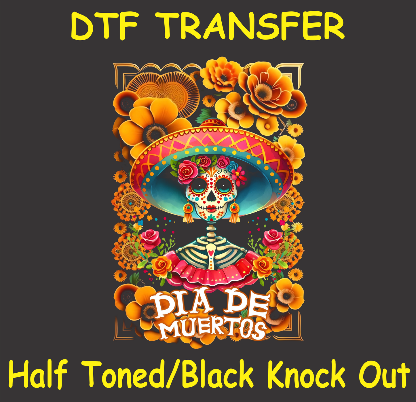 "Día de Muertos Sugar Skull Girl DTF Transfer featuring a colorful floral headdress with marigolds and roses"