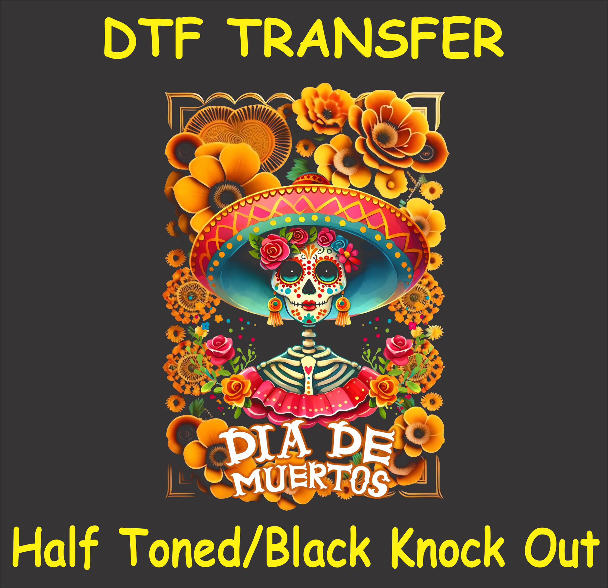 "Día de Muertos Sugar Skull Girl DTF Transfer featuring a colorful floral headdress with marigolds and roses"