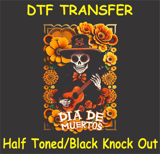 "Día de Muertos Skeleton Mariachi DTF Transfer featuring a skeleton playing a guitar with vibrant marigolds and floral accents"