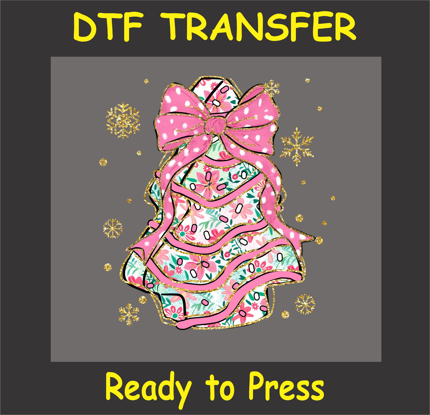 "Christmas Tree DTF Transfer with pink bow, holiday lights, and glittery snowflakes for festive projects"