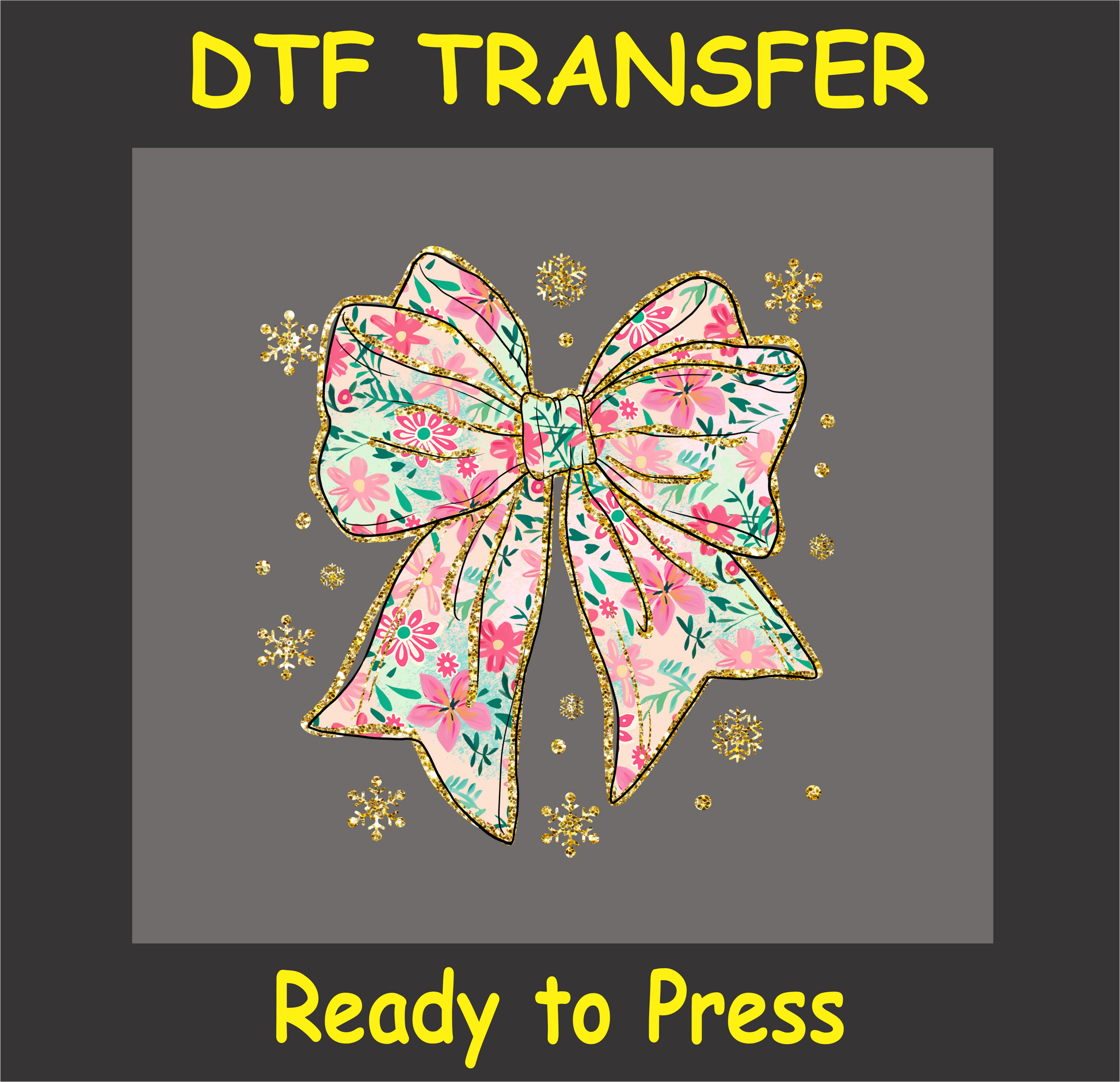 "Floral bow Christmas DTF Transfer with glitter accents and intricate floral patterns"