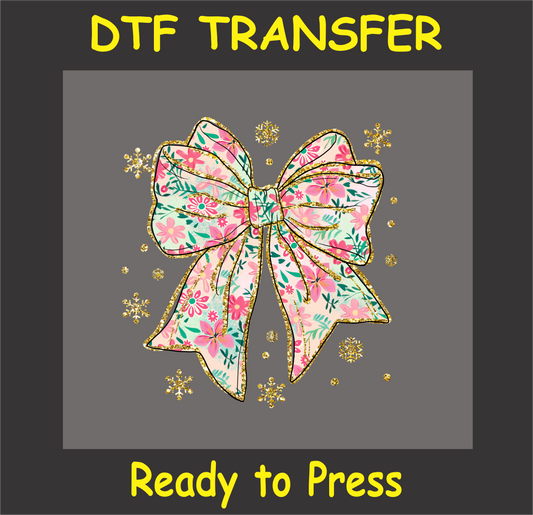 "Floral bow Christmas DTF Transfer with glitter accents and intricate floral patterns"