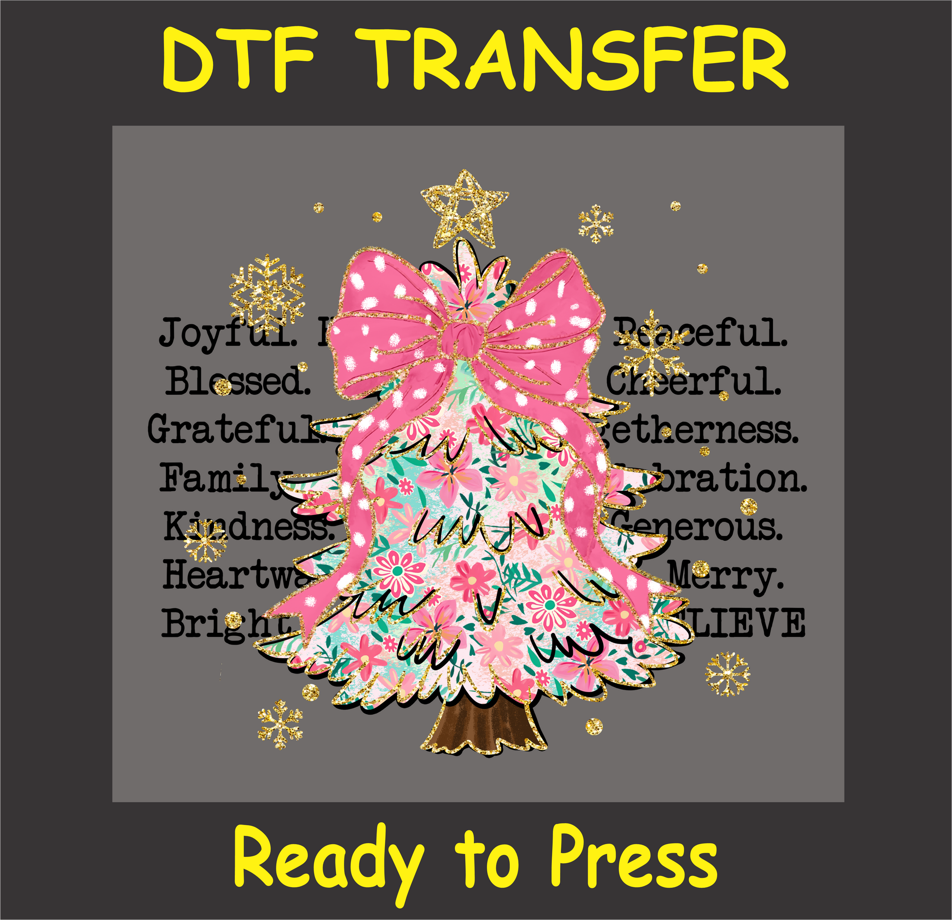 "Christmas tree DTF transfer with floral patterns, glittery bow, and festive words for holiday projects"