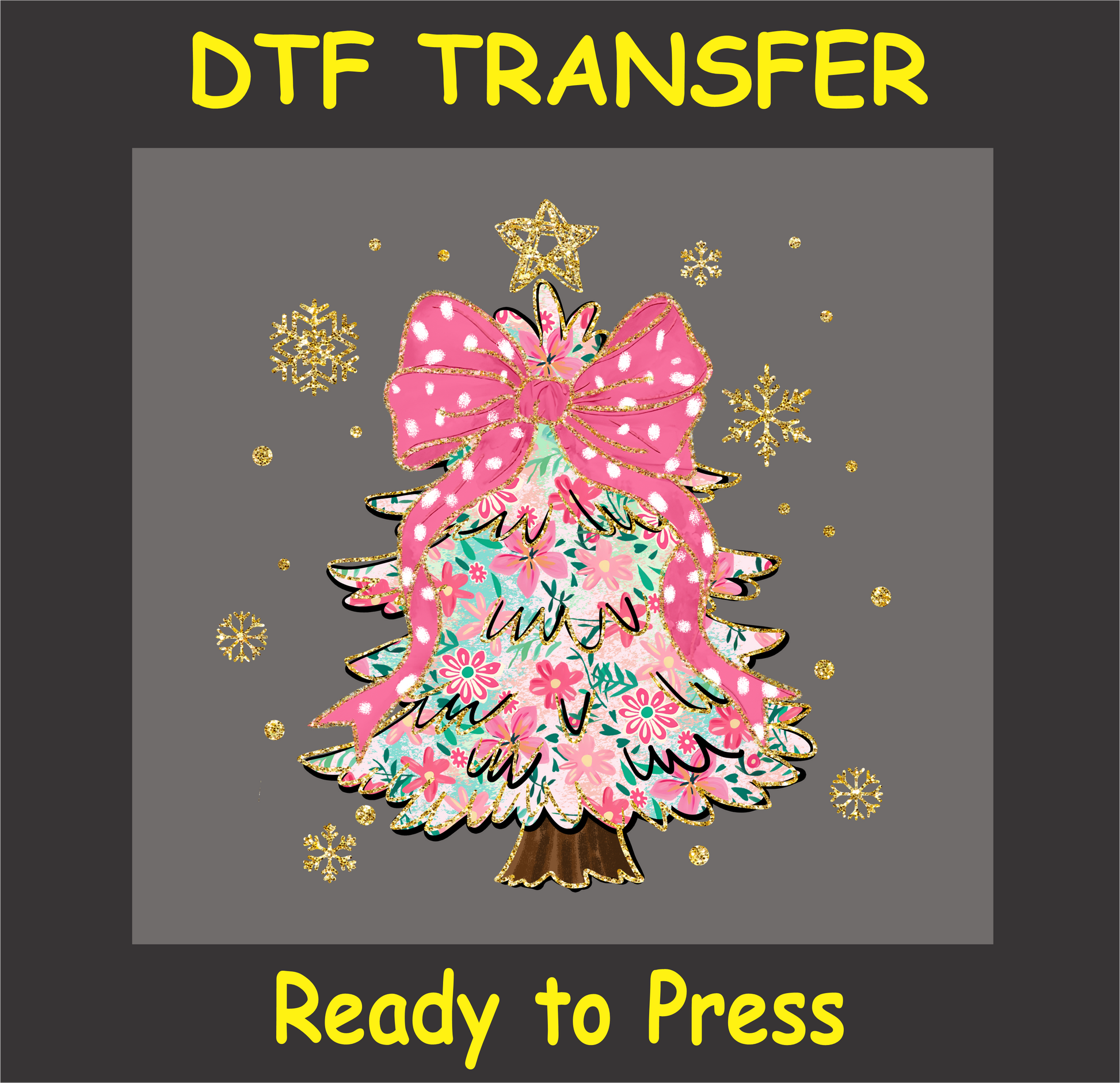 "Christmas tree DTF transfer with glitter bow and pink floral design for holiday projects"