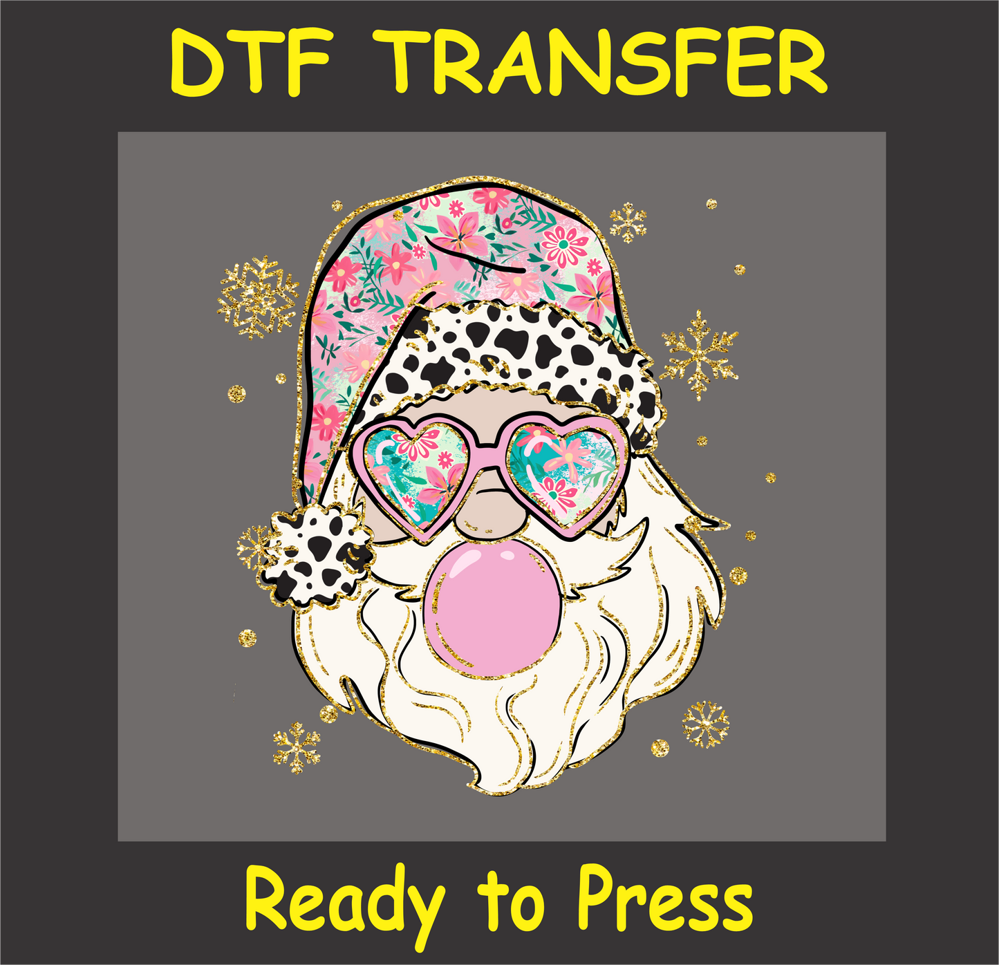 "Santa DTF transfer with leopard print hat, floral sunglasses, and bubblegum for trendy holiday projects"