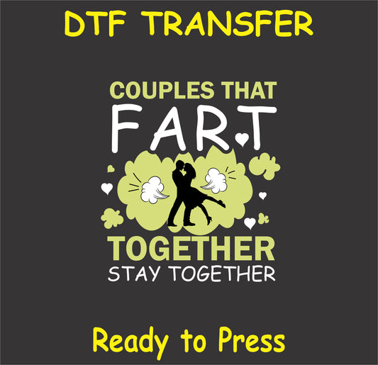 "Couples That Fart Together DTF Transfer with a funny couple embracing amidst cartoon clouds"