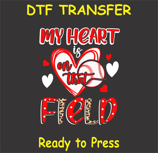 "My Heart Is on That Field DTF Transfer with heart, baseball, and leopard print design for baseball moms"