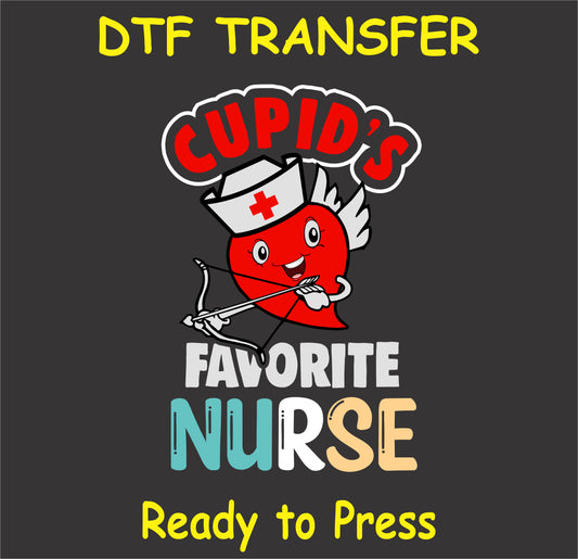 "Cupid's Favorite Nurse DTF Transfer featuring a cute heart-shaped cupid nurse character"