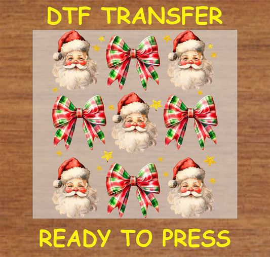 "Santa and Bows DTF Transfer featuring a vintage-style Santa and plaid bows for Christmas crafting projects"