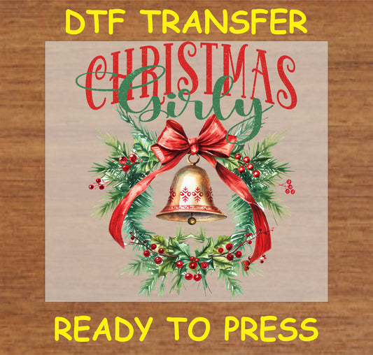 "Christmas Girly DTF Transfer featuring a festive wreath and bell with holly and bow accents for holiday crafting projects"