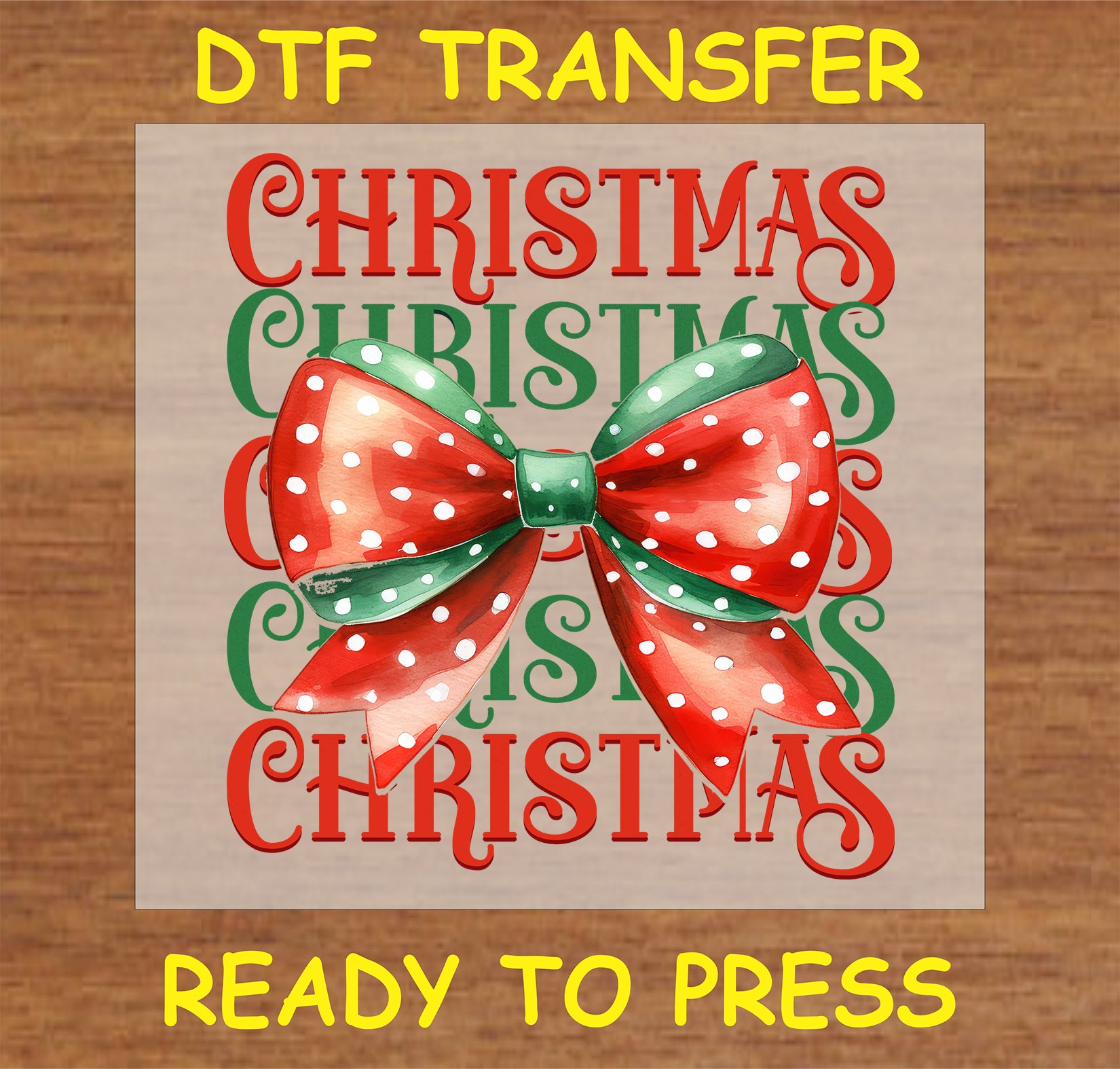 "Christmas Bow DTF Transfer featuring a red and green polka dot bow with Christmas text background for holiday crafting projects"